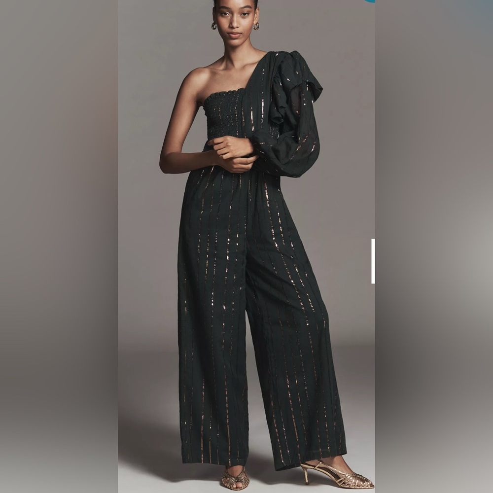 FARM Rio Black One-Shoulder Wide-Leg Jumpsuit with Metallic Stripe Accents